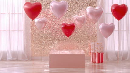 Heart-shaped balloons in red and pink hang in the air above a pink table. Next to the table, there are decorated gift boxes.