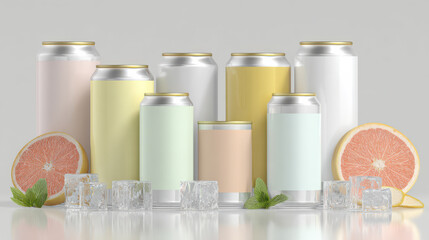 Several cans of RTD drinks are arranged in a group. Some citrus fruits and ice cubes are placed nearby, creating a refreshing scene in bright light