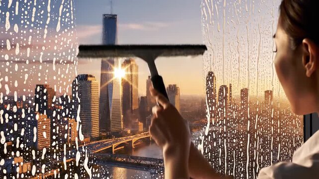 Person cleaning soapy window overlooking golden hour city skyline
