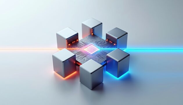 Central processor unit with linked modules glows with neon light. Digital cubes connect via laser beams. Futuristic tech assembly, abstract microchip design, network data flow.