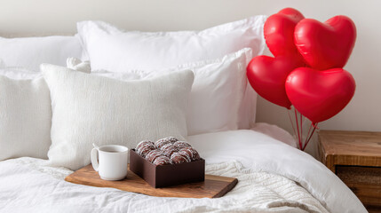 A cozy bed features fluffy pillows and a wooden tray holding sweet treats and a cup. Heart-shaped balloons float nearby, adding to the festive atmosphere in the room