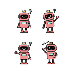 Fototapeta premium Cute cartoon robots greeting and waving with question marks in various poses