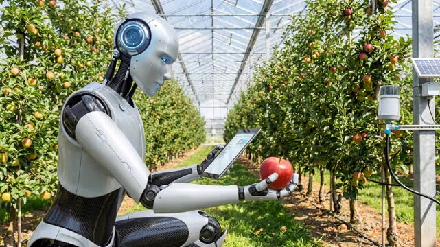Humanoid agriculture robot tablet greenhouse orchard inspecting apple tree monitoring sensor automation precision farming data analysis sustainable