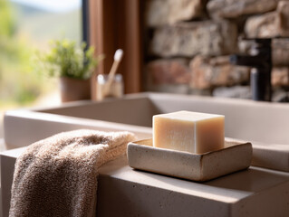 A bar of soap rests on a dish next to a folded towel by a sink. 