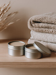 Two metal containers with cream are placed on a wooden shelf beside neatly folded towels. The scene shows a clean and organized bathroom area