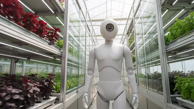 Humanoid agriculture robot greenhouse vertical farm autonomous sensor camera walking inspection tending sustainable technology with sunlight