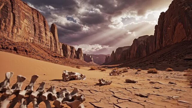 Desert Valley Remains - This video shows a desert valley with towering rock formations and a dramatic sky.
