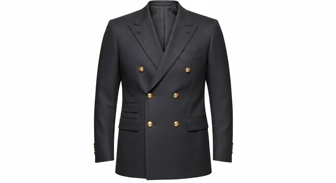 明るい光の下で凛と際立つ濃紺のダブルブレストジャケット シャープな仕立てと艶やかな金ボタンが創り出す普遍的で極上のクラシック美. AI Generated