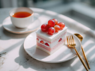 A slice of fruit sando with layers of cream and fruit sits on a white plate beside a cup of tea. 