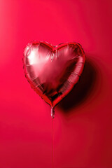 A red heart balloon is floating against a bright pink background. 