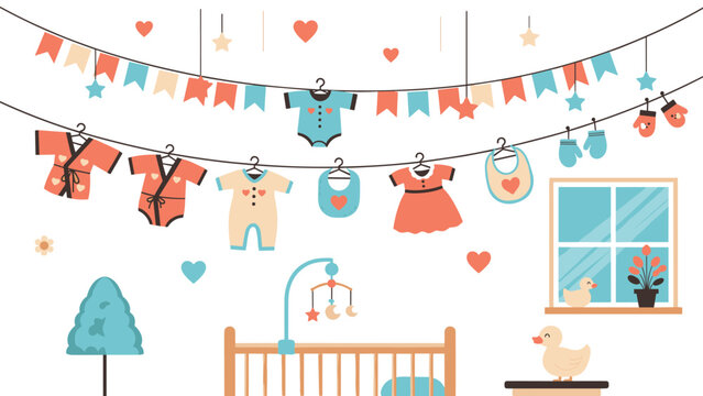 Baby nursery room is decorated with cute infant clothes hanging on a line above a wooden crib with a mobile and toys nearby.