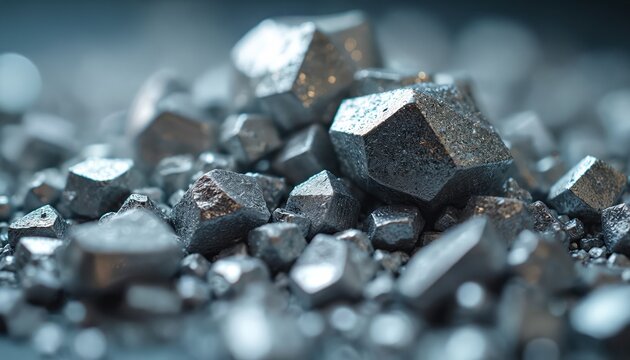 Shiny metallic crystals clump together forming abstract geometric shapes. Natural mineral pile with reflective surfaces. Useful for science or geology themes.