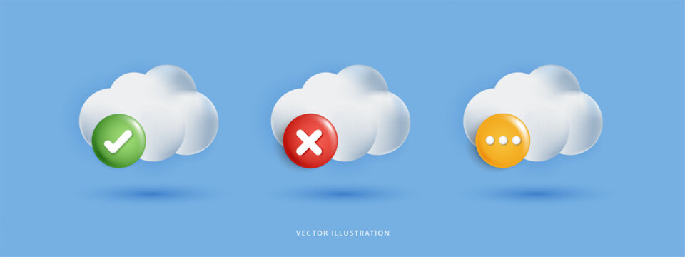 3D white clouds with check mark, cross, and typing dots icons. Glossy symbols for cloud computing status, data upload success, error, and processing. Vector illustration isolated on blue background.