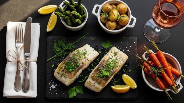 Roasted cod fillet on a black stone with herbs on top, served with side dishes on the side and a glass of ros&eacute; wine, a pair of cutlery envolved with napkin