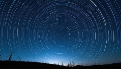 Dark silhouette of grass under vast night sky filled with circular star trails. Image captures Earths rotation with stars creating luminous arcs against deep blue backdrop during long exposure.