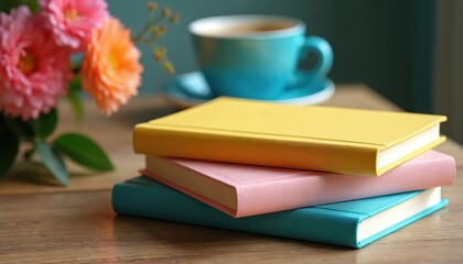 Naklejka premium Stack of colorful pastel blank books on wooden table with coffee cup and flowers. Use for book cover mockups, writing, or study inspiration.