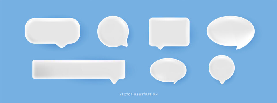 Set of blank white 3D speech bubbles and chat boxes in various shapes. Minimal glossy talk balloons for message, notification and UI design. Vector illustration isolated on blue background.