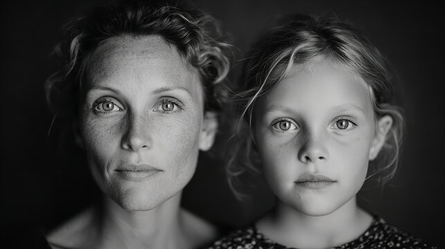 Monochrome portrait of an adult woman next to a young girl