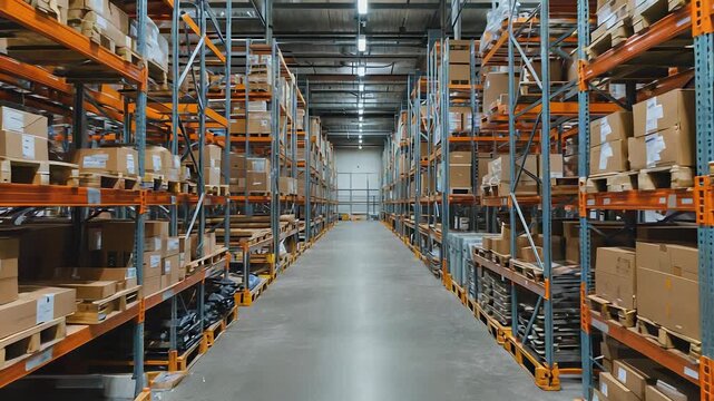 Expansive Warehouse Aisles Filled with Cardboard Boxes - Industrial Storage and Logistics in a Modern Distribution Center.
