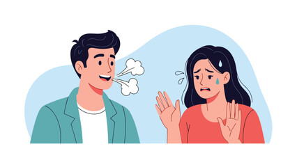 Fototapeta premium Social interaction shows a man talking and exhaling breath toward a woman who looks disgusted and tries to block the odor.