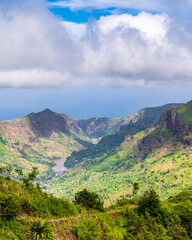 Mountain valley landscape in Santiago, Cape Verde with Atlantic Ocean view