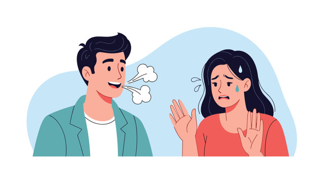 Social interaction shows a man talking and exhaling breath toward a woman who looks disgusted and tries to block the odor.