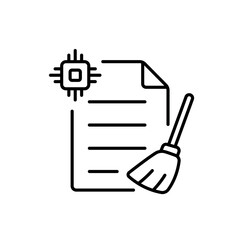 Obraz premium A vector icon representing AI-powered cleanup of textual data, showing a document, broom, and AI chip, created in line style with editable stroke