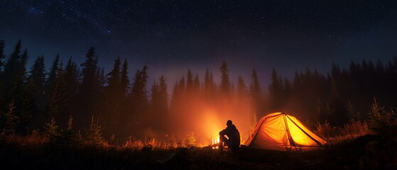 Solitary Campfire in a Starry Forest. Serene Camping Night: Solo Camper by the Campfire Under Starry Sky © Khawla