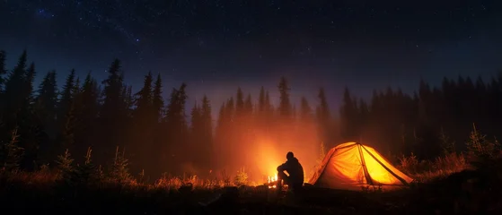 Solitary Campfire in a Starry Forest. Serene Camping Night: Solo Camper by the Campfire Under Starry Sky © Khawla