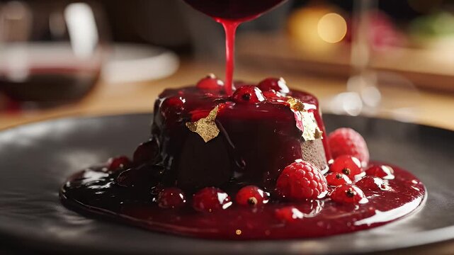 Chocolate Dessert with Berry Sauce Pour - This video shows a decadent chocolate dessert being drizzled with a vibrant red berry sauce, garnished with fresh raspberries, currants, and delicate gold