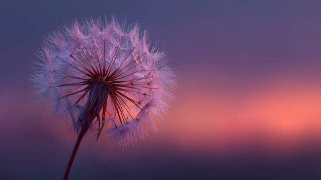 Single dandelion puffball is silhouetted against a vibrant purple and orange sunset sky with soft ethereal lighting in dreamlike nature.
