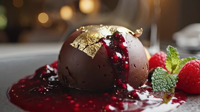 Decadent Chocolate Dessert with Gold Leaf - This close-up shot features a rich, dark chocolate sphere adorned with edible gold leaf, drizzled with a vibrant red raspberry sauce.