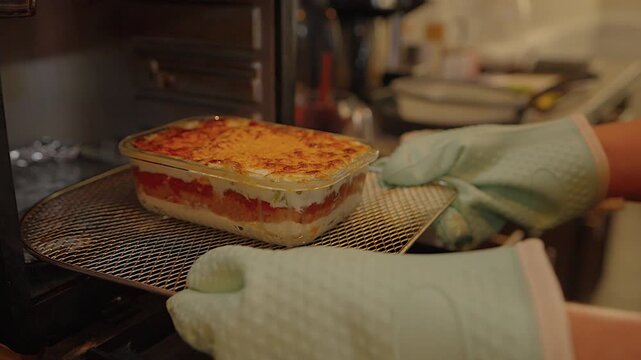 baked lasagna being pulled out of a kitchen airfryer oven