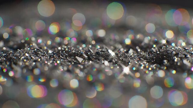Extreme close-up of fragmented grey material with colorful bokeh lights