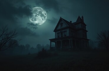 Fototapeta premium Creepy old house stands under full moon on dark night. Spooky abandoned mansion, fog surrounds bare trees. Mysterious gothic architecture, eerie atmosphere.