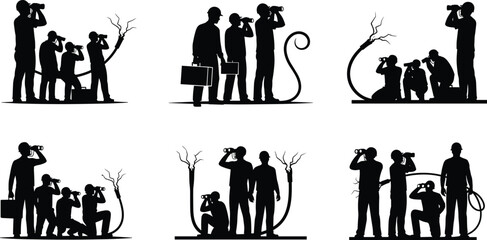 Human and monkey silhouette, binoculars scene, conceptual vector, observation metaphor, evolution theme, surreal tree, curiosity art, black illustration © MdFiroz