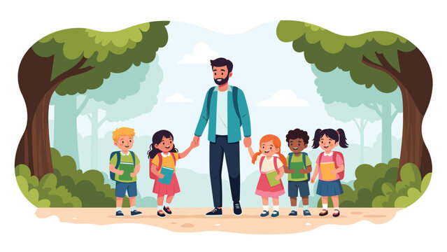 Male teacher leading a diverse group of young students through a lush green forest path during an educational nature field trip.