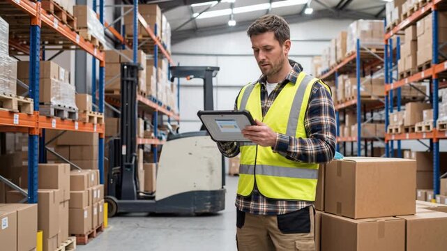 Logistic warehouse worker scanning package and checking inventory with tablet among stacked cardboard boxes conveying efficient supply chain
