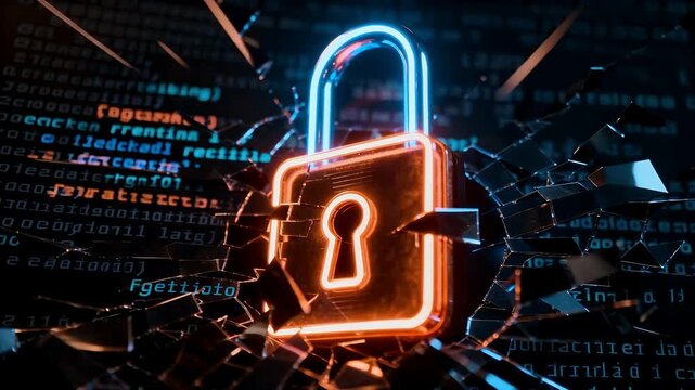 Neon glowing padlock symbolizing cybersecurity and data protection, set against a shattered digital code background, representing a security breach or data vulnerability.