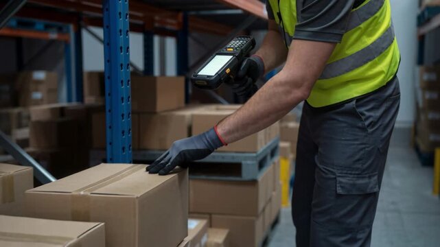 Warehouse logistic worker scans cardboard package with handheld scanner wearing hi vis vest and gloves organized storage aisle showing efficient