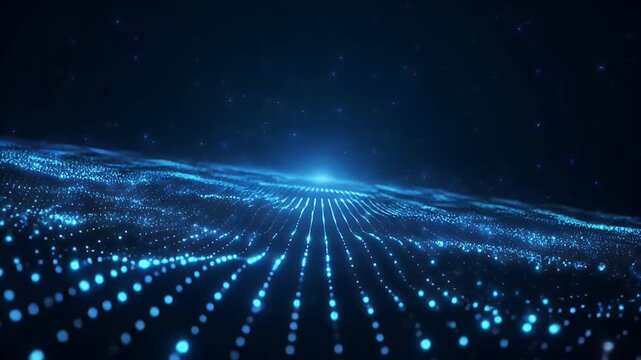 Abstract digital landscape with glowing blue particles forming a futuristic data wave pattern on a dark background, representing technology and innovation.