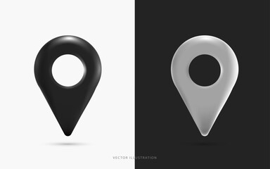 3D Vector Location Pin Map Pointer Icon Set, Black and White Glossy GPS Navigation Markers, Destination Point Symbols for Travel, Delivery App and Web Interface Design on Isolated Background.