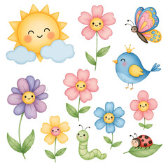 Obraz premium Birds and flowers colorful cartoon nature pattern illustration