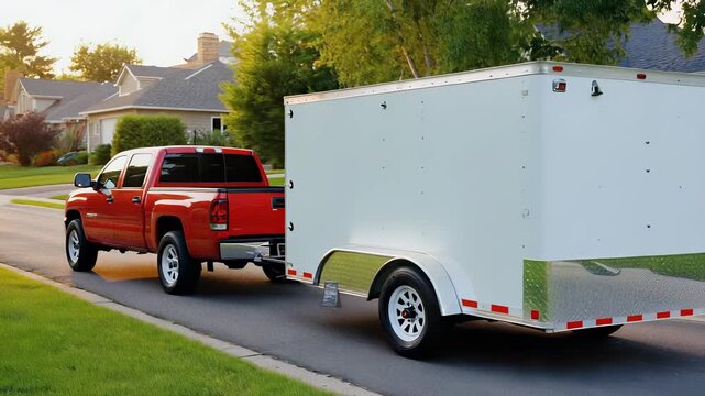 Red pickup truck towing a utility trailer down a suburban street in bright sunlight.