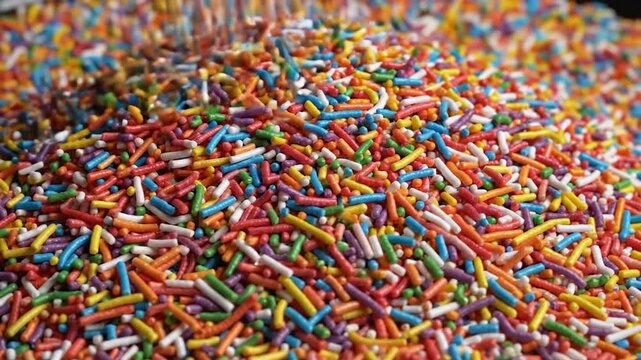Vibrant colorful candy sprinkles falling and piling up in a sweet heap
