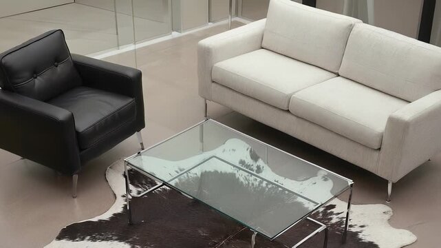 Modern Living Room with Gray Sofa and Cowhide Rug - Contemporary Interior Design and Relaxation