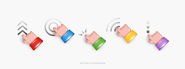 3D Vector Colorful Hand Gestures Set, Vibrant Human Finger Pointing and Clicking Icons with Swipe, Tap, Scroll and Touch Screen Interaction Symbols for Mobile App UI UX Design on White Background.