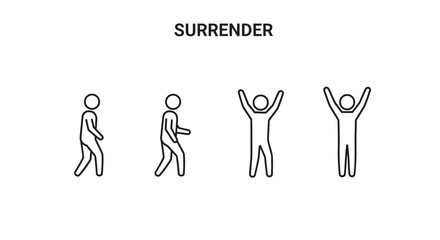 Surrender Concept: Stick Figures Progressing from Walking to Arms Raised in Victory or Defeat