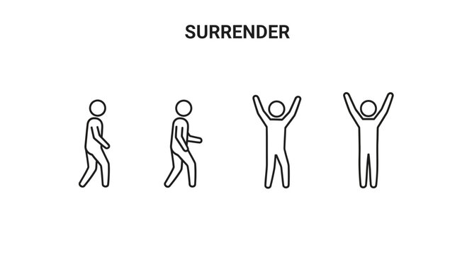 Surrender Concept: Stick Figures Progressing from Walking to Arms Raised in Victory or Defeat