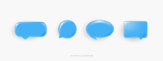 3D Vector Blue Speech Bubbles Set, Glossy Blank Chat Clouds and Text Boxes for Message, Social Media Notification and Communication Interface UI UX Design Elements on White Background.